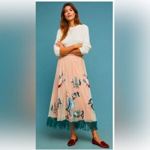 Anthropologie Akemi + Kin Embroidered Floral Tulle Maxi Skirt with Fringe Hem 14